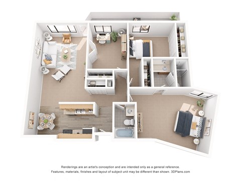 a stylized floor plan with a bedroom and living room